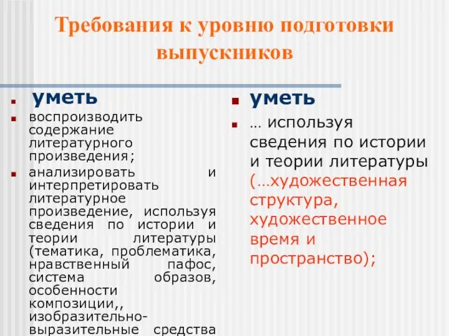 уметь воспроизводить содержание литературного произведения; анализировать и интерпретировать литературное произведение, используя сведения