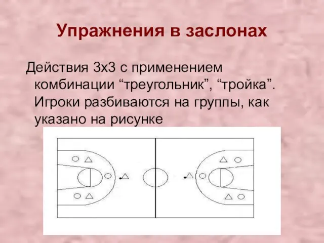 Упражнения в заслонах Действия 3х3 с применением комбинации “треугольник”, “тройка”. Игроки разбиваются