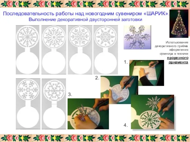 Последовательность работы над новогодним сувениром «ШАРИК». Выполнение декоративной двусторонней заготовки Использование декоративного
