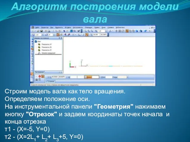 Алгоритм построения модели вала Строим модель вала как тело вращения. Определяем положение