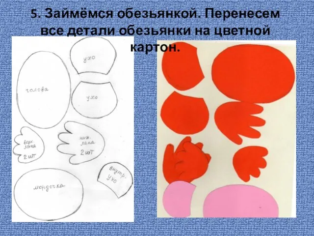 5. Займёмся обезьянкой. Перенесем все детали обезьянки на цветной картон.