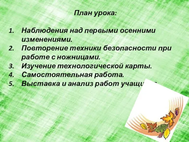 План урока: Наблюдения над первыми осенними изменениями. Повторение техники безопасности при работе