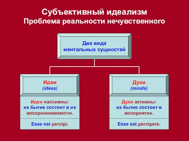 Два вида ментальных сущностей Идеи (ideas) Духи (minds) Субъективный идеализм Проблема реальности