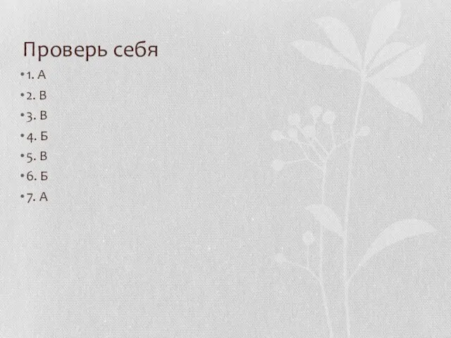 Проверь себя 1. А 2. В 3. В 4. Б 5. В 6. Б 7. А