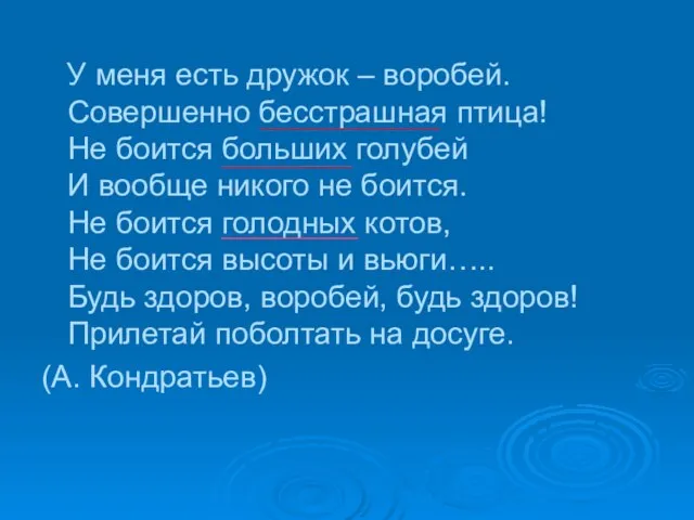 У меня есть дружок – воробей. Совершенно бесстрашная птица! Не боится больших