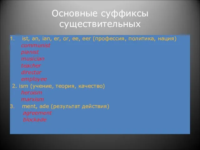 Основные суффиксы существительных ist, an, ian, er, or, ee, eer (профессия, политика,