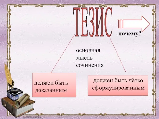 основная мысль сочинения ТЕЗИС должен быть доказанным должен быть чётко сформулированным почему?