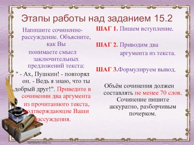 Этапы работы над заданием 15.2 Напишите сочинение-рассуждение. Объясните, как Вы понимаете смысл