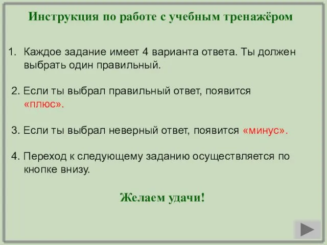 Инструкция по работе с учебным тренажёром Каждое задание имеет 4 варианта ответа.