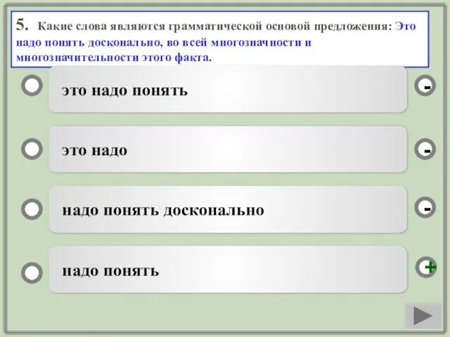 5. Какие слова являются грамматической основой предложения: Это надо понять досконально, во