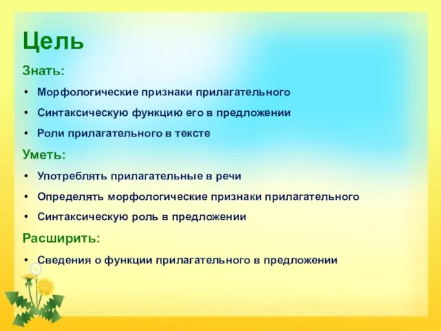 Цель Знать: Морфологические признаки прилагательного Синтаксическую функцию его в предложении Роли прилагательного