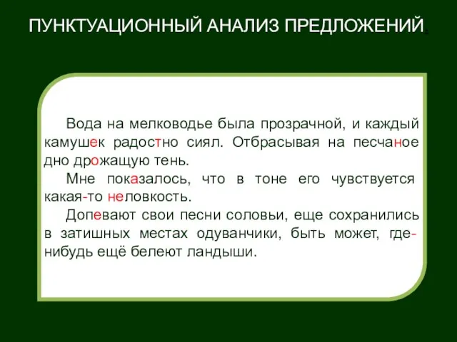 ПУНКТУАЦИОННЫЙ АНАЛИЗ ПРЕДЛОЖЕНИЙ. Вода на мелководье была прозрачной, и каждый камушек радостно