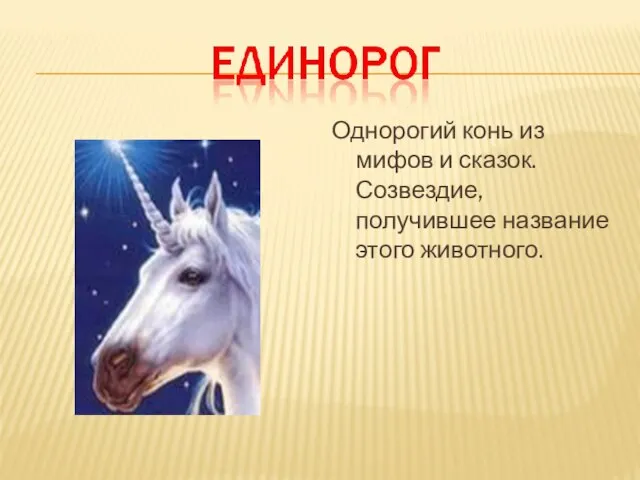 Однорогий конь из мифов и сказок. Созвездие, получившее название этого животного.