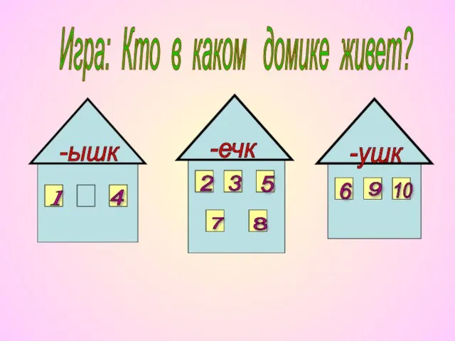 Игра: Кто в каком домике живет? -ышк -ечк -ушк 1 4 2