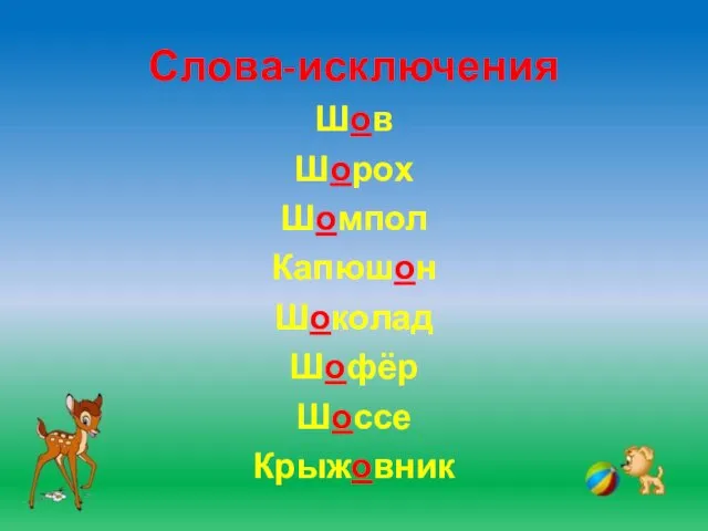 Слова-исключения Шов Шорох Шомпол Капюшон Шоколад Шофёр Шоссе Крыжовник