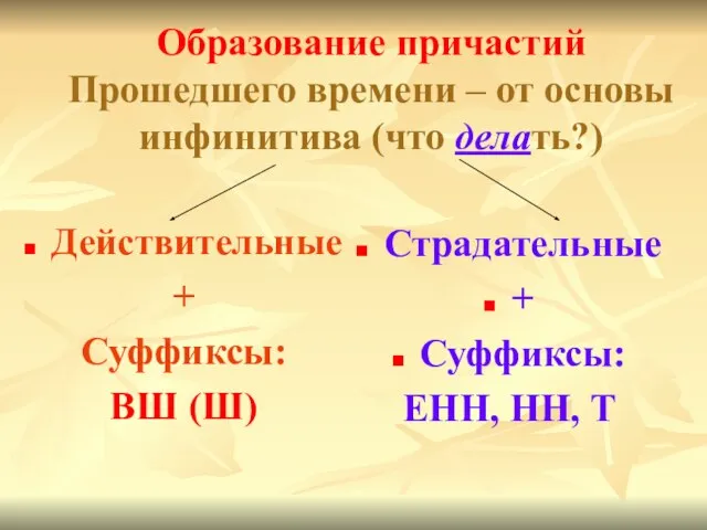 Образование причастий Прошедшего времени – от основы инфинитива (что делать?) Действительные +