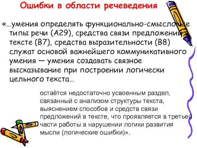 Ошибки в области речеведения «…умения определять функционально-смысловые типы речи (А29), средства связи