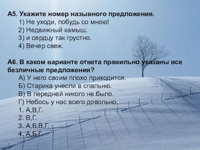 А5. Укажите номер назывного предложения. 1) Не уходи, побудь со мною! 2)