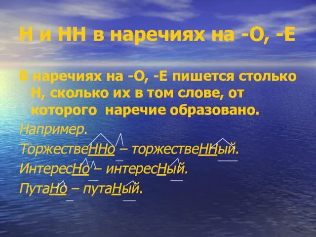 Н и НН в наречиях на -О, -Е В наречиях на -О,