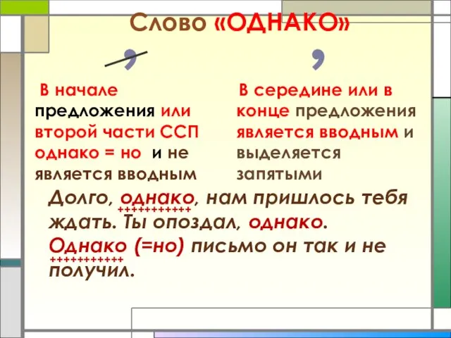 Слово «ОДНАКО» В середине или в конце предложения является вводным и выделяется