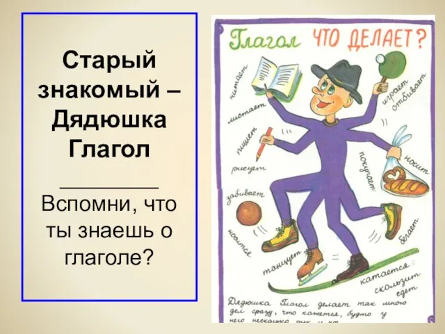 Старый знакомый – Дядюшка Глагол ________ Вспомни, что ты знаешь о глаголе?