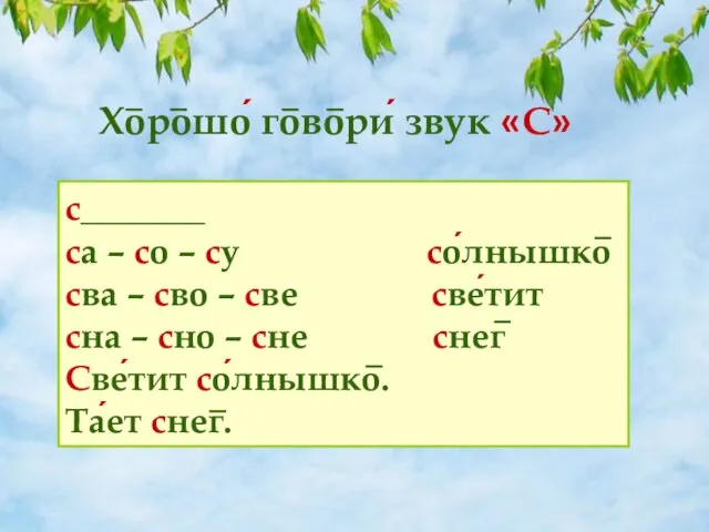 Хорошо́ говори́ звук «С» с_______ са – со – су со́лнышко сва