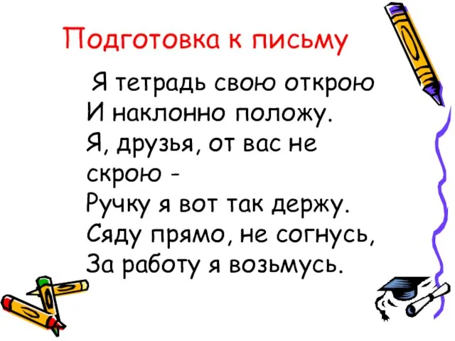 Подготовка к письму Я тетрадь свою открою И наклонно положу. Я, друзья,