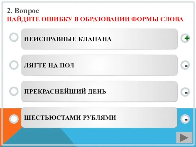 2. Вопрос НАЙДИТЕ ОШИБКУ В ОБРАЗОВАНИИ ФОРМЫ СЛОВА НЕИСПРАВНЫЕ КЛАПАНА ЛЯГТЕ НА