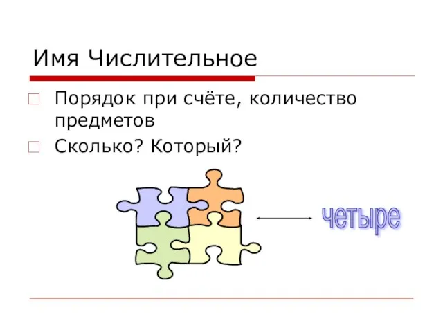 Имя Числительное Порядок при счёте, количество предметов Сколько? Который? четыре