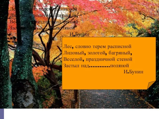 Лес, словно терем расписной Лиловый, золотой, багряный, Веселой, праздничной стеной Застыл над…………поляной