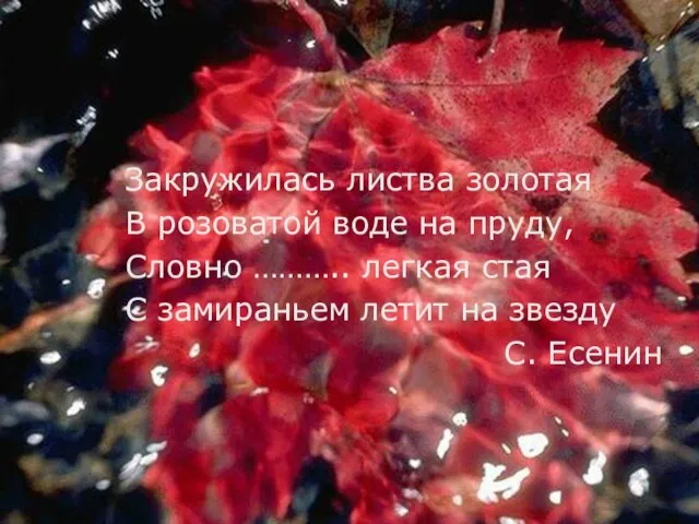 Закружилась листва золотая В розоватой воде на пруду, Словно ……….. легкая стая