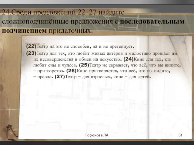 24.Среди предложений 22–27 найдите сложноподчинённые предложения с последовательным подчинением придаточных. (22)Театр на