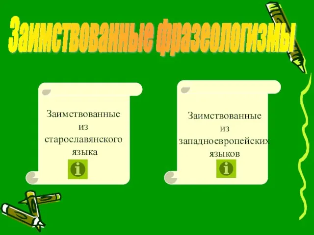 Заимствованные фразеологизмы Заимствованные из старославянского языка Заимствованные из западноевропейских языков