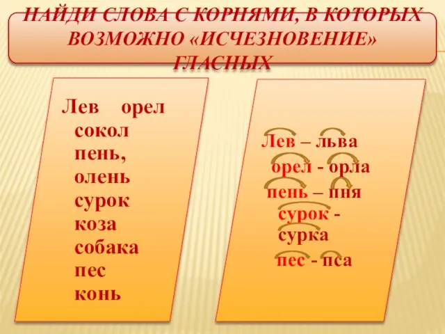 Найди слова с корнями, в которых возможно «исчезновение» гласных Лев орел сокол