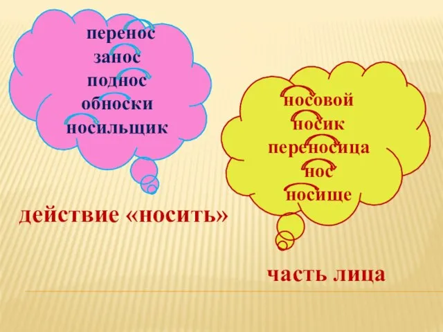 действие «носить» часть лица перенос занос поднос обноски носильщик носовой носик переносица нос носище