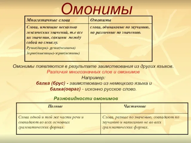 Омонимы Разновидности омонимов: Омонимы появляются в результате заимствования из других языков. Различия