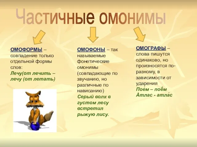 ОМОФОРМЫ – совпадение только отдельной формы слов: Лечу(от лечить – лечу (от