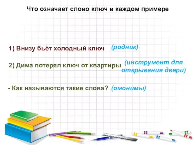 Что означает слово ключ в каждом примере - Как называются такие слова?