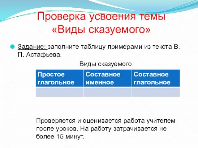 Проверка усвоения темы «Виды сказуемого» Задание: заполните таблицу примерами из текста В.