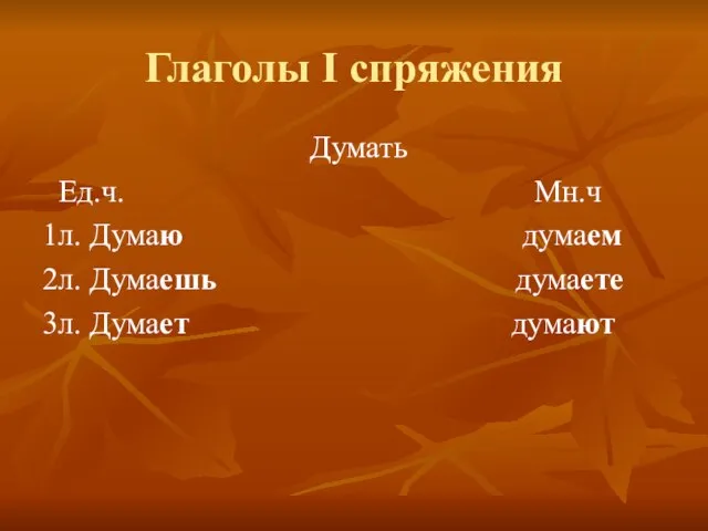 Глаголы I спряжения Думать Ед.ч. Мн.ч 1л. Думаю думаем 2л. Думаешь думаете 3л. Думает думают