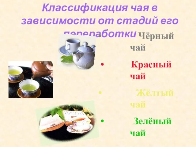 Классификация чая в зависимости от стадий его переработки Чёрный чай Красный чай Жёлтый чай Зелёный чай