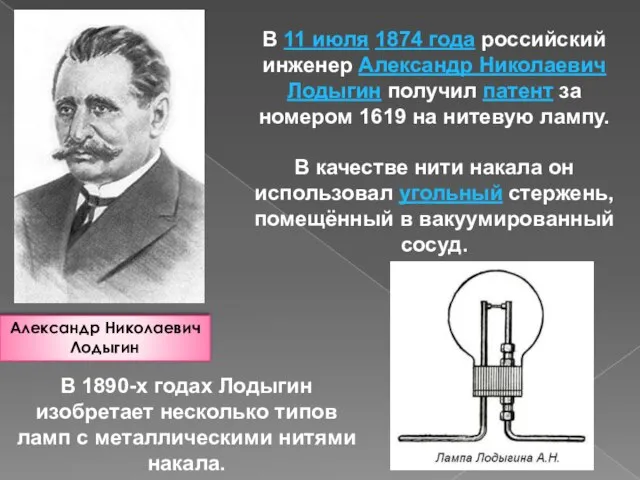 Александр Николаевич Лодыгин В 11 июля 1874 года российский инженер Александр Николаевич