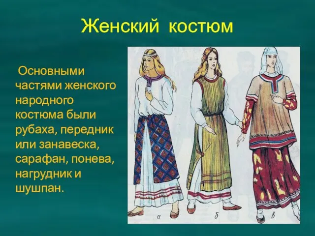 Женский костюм Основными частями женского народного костюма были рубаха, передник или занавеска,