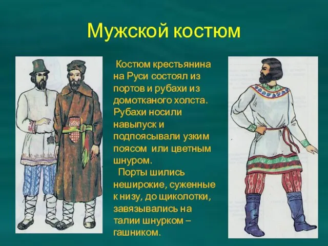 Мужской костюм Костюм крестьянина на Руси состоял из портов и рубахи из