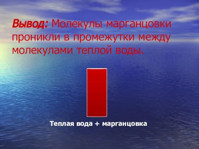 Вывод: Молекулы марганцовки проникли в промежутки между молекулами теплой воды. Теплая вода + марганцовка