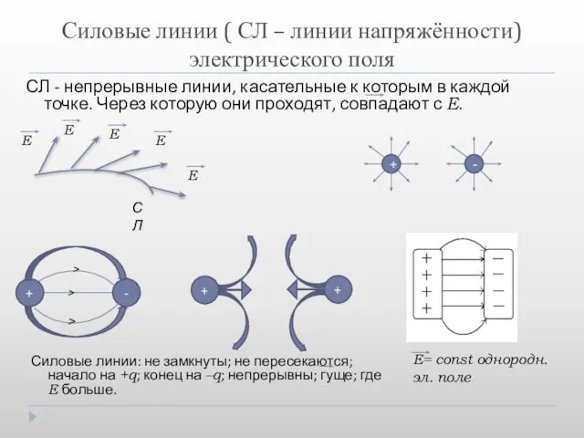 Силовые линии ( СЛ – линии напряжённости) электрического поля СЛ - непрерывные