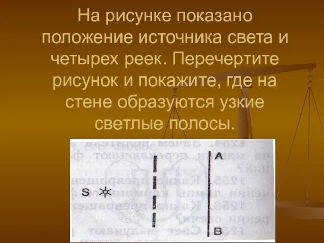 На рисунке показано положение источника света и четырех реек. Перечертите рисунок и