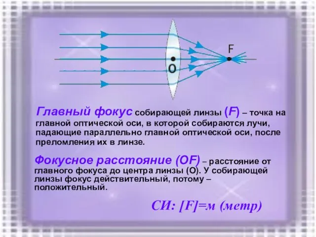 Главный фокус собирающей линзы (F) – точка на главной оптической оси, в