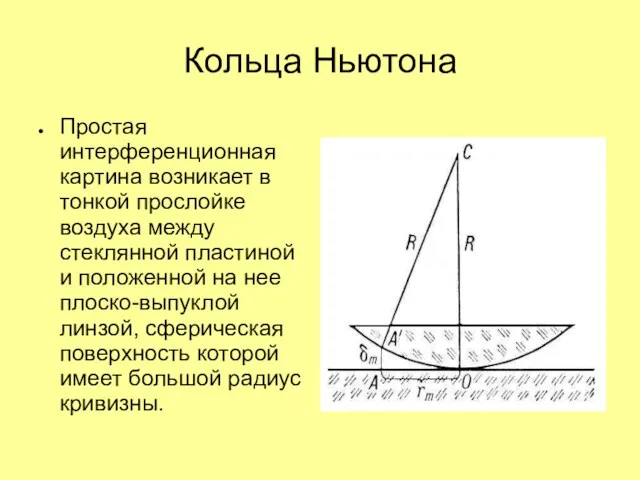 Кольца Ньютона Простая интерференционная картина возникает в тонкой прослойке воздуха между стеклянной