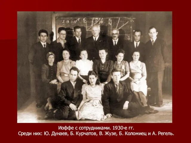 Иоффе с сотрудниками. 1930-е гг. Среди них: Ю. Дунаев, Б. Курчатов, В.